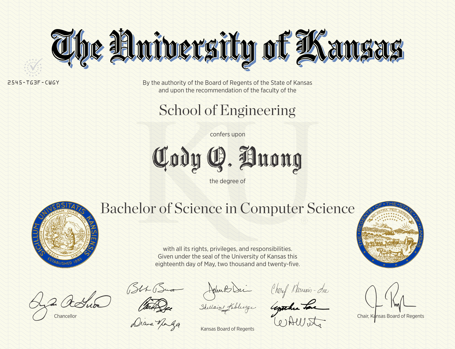 Diploma for Cody Duong, from University of Kansas, conferring Bachelors of Science in Computer Science